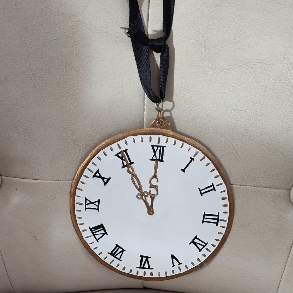Vintage Style Roman Numerals Ornament Tin Clock Metal Gold  Black Ribbon 4.6"